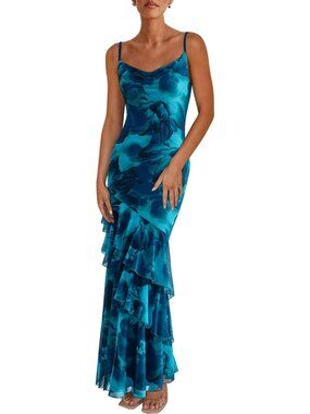 Women's Blue Maxi Dresses Summer Tiered Floral Beach Sundress Spaghetti Strap